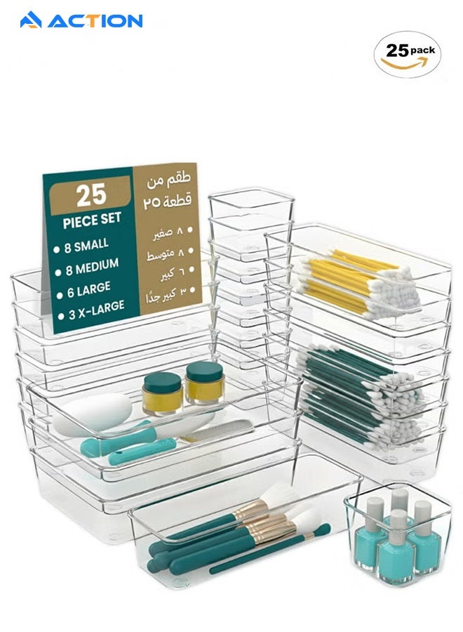 ACTION 25PCS Clear Plastic Drawer Organizer Set – 4 Size Storage Trays for Bathroom, Vanity, Makeup, Kitchen Utensils, Bedroom & Office - Image 1